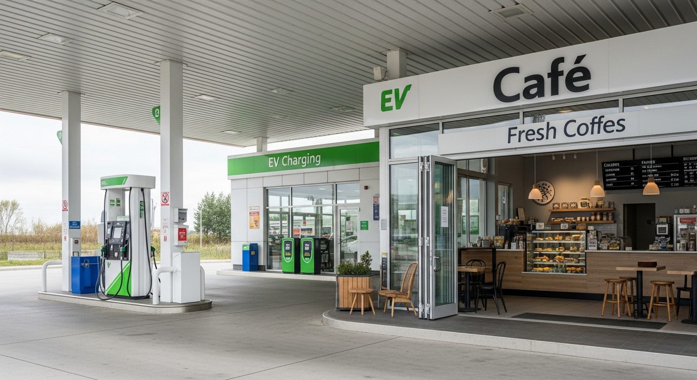 EV充電器やカフェがあるガソリンスタンド